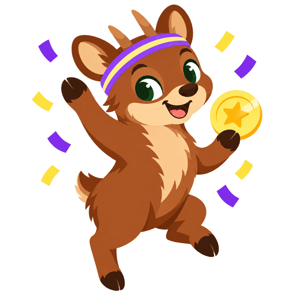 Pudú celebrando con una moneda de vueltis